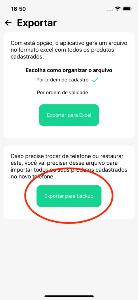 tela de exportação no aplicativo