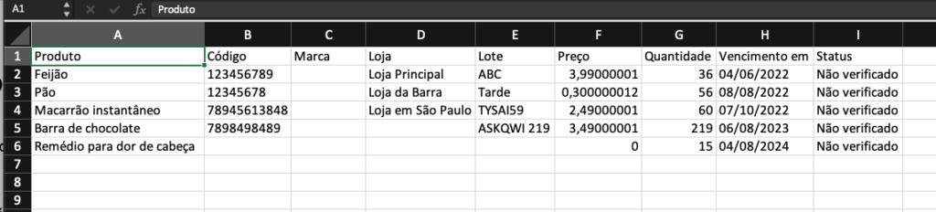 Planilha gerada aberta no Excel